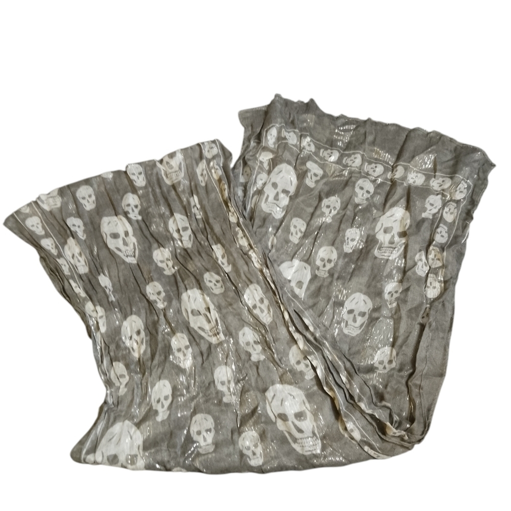 Skull Print Scarf | Sheer Metallic Taupe | Edgy Goth Chic Wrap Shawl